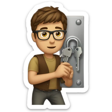 brown-short-haired man wearing glasses, struggling to fit a key into a wooden door-lock sticker