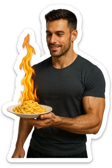 uomo fitness che tiene in mano un piatto di pasta con una fiamma sopra come se stesse simbolicamente bruciando le kcal della pasta, iperrealistico 4k sticker