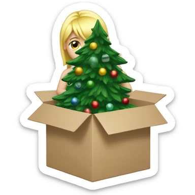 Blond girl putting Christmas tree in a box sticker