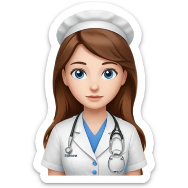 pretty female nursing student with long brown hair, blue eyes inside a classroom at university sticker