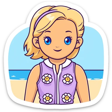 preppy coastal teen girl with blue eyes, beach blonde hair, tan skin, small flowers in her ear, preppy beach outfit sticker