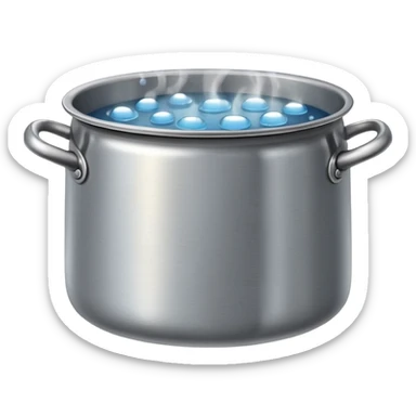 small metal pot filled with boiling water on a stove, visible hot steam and rising bubbles, realistic heat effect, shiny pot surface, bright lighting, clean white background sticker