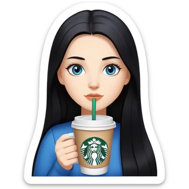 White girl with long straight black hair, blue eyes, drinking Starbucks coffee sticker