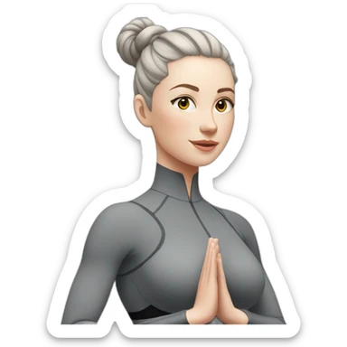 Pale skinned fit woman In a gray tight yoga suit and wristbands With black hair in a bun doing yoga sticker
