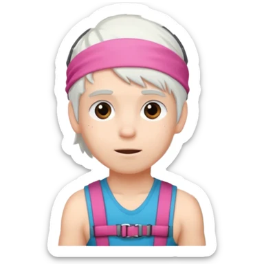 young climber boy with white hair and pink headband sticker