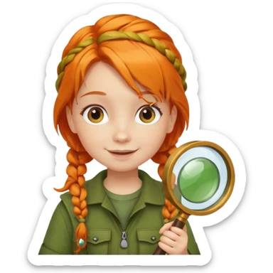 braid orange haired girl kid in moss green explorer outfit, holding magnifying glass, smile sticker