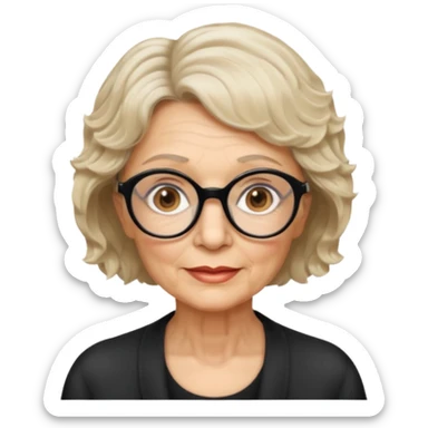woman 70 years old, very short blonde weavy hair, brown eyes and round dark glasses sticker