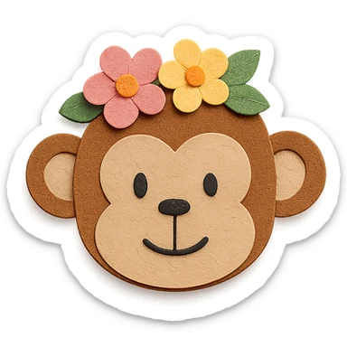 paper craft style monkey with flowers, bust up sticker