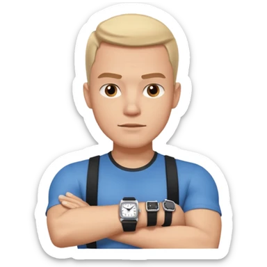 man wearing a black strap watch portrait, head and shoulders only, square jawline, strong facial structure, confident expression, black strap wristwatch visible, 3D cartoon, mobile game icon style, clean background, no text, no watermark
 sticker