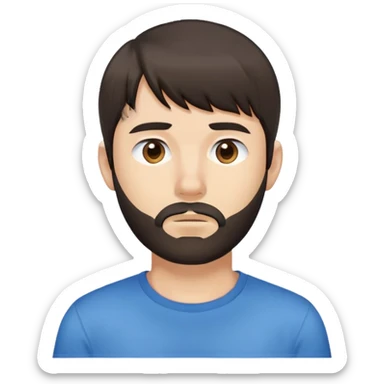 Man with longer dark brown straight hair past ears with bangs, short beard covering whole face, neutral expression, basic blue t-shirt sticker