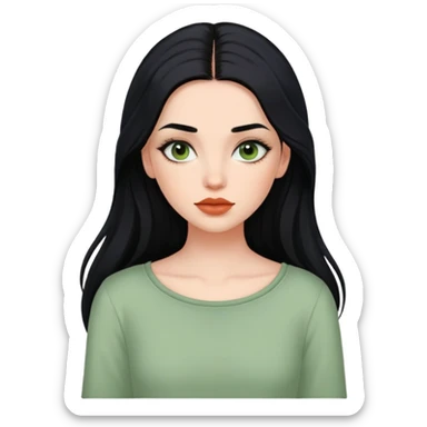 european girl with long black hair, long eyelashes, terracotta lips, light green top sticker