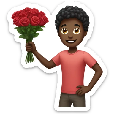 Create an emoji of a dark-skinned Boy throwing a bouquet of roses. sticker