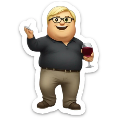 Fat blond man with glasses and a glass of red wine in his hand dancing like a drunk sticker