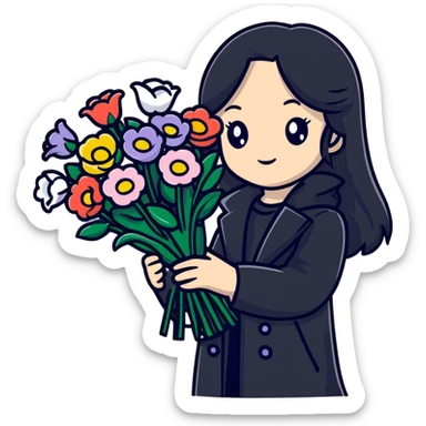 beautiful girl with long black hair wearing a black coat holding a bouquet of flowers sticker