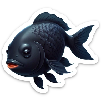 Meme-Worthy Cute Sleeping Black Goldfish Portrait Emoji, Head resting peacefully with a contented smile, showcasing a streamlined, graceful body and a luxuriously soft deep black hue, eyes closed in a serene, floating nap, Simplified yet hilariously adorable features, highly detailed, glowing with a soft, drowsy light, high shine, relaxed and utterly lovable, stylized with an air of playful laziness, bright and heartwarming, soft glowing outline, capturing the essence of a comically sleepy goldfish, so meme-worthy it feels like it could instantly become the next viral sensation of adorable slumber! sticker
