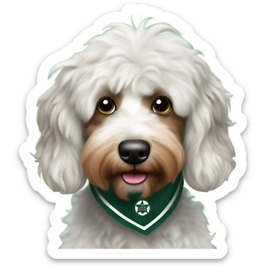 Multicolored Aussiedoodle wearing a bandana with the NHL Dallas Stars hockey team logo sticker
