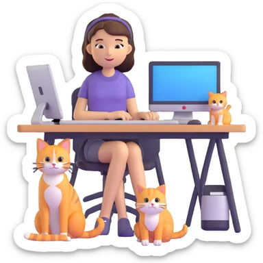 a girl at a desk with a computer with a cat lying beside the computer sticker