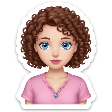 A girl with blue eyes brow curly hair and pink coquette shirt sticker