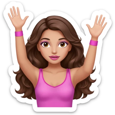 girl with long wavy brown hair, brown eyes, long lashes makeup, sexy pink lips, light to medium complexion, wearing a pink sexy top, both hands in the air high sticker