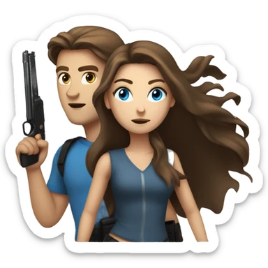 a beautiful young woman with long brown hair and blue eyes with a gun runs after a guy with brown hair and gray eyes sticker