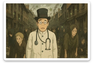 An early victorian slum area of London in the 1800s which is overpopulated, dirty and lots of waste on the floor.  There are ill looking people with germs in the air.  In the foreground is a confused looking doctor sticker