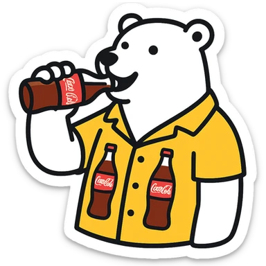 polar bear wearing a Hawaiian shirt with Coke bottles printed on it, drinking a bottle of Coca-Cola sticker