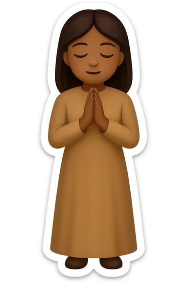 Show the woman standing and praying from the front view, wearing a long tan dress, with dark brown hair, in emoji style. Remove the background. sticker
