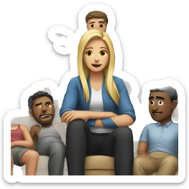 Girl sitting on the couch surrounded by a lot of men sticker
