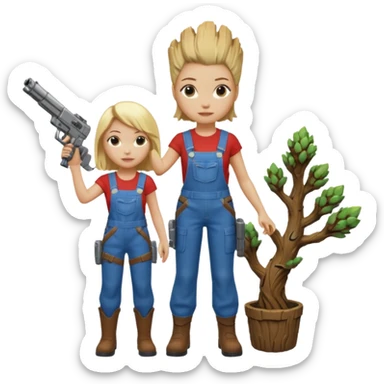 Can you make an emoji with groot from guardian of the galaxy with me standing next to him. I’m a white female with blonde hair and I like to wear overalls. We should be shooting galaxy guns  sticker