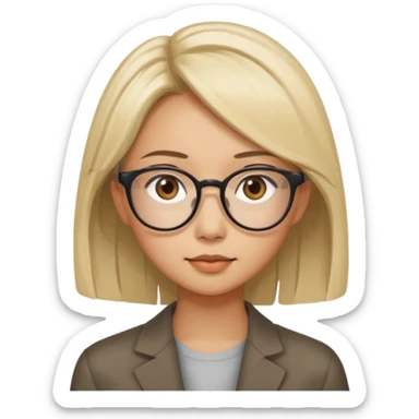 asian looking female with slight blonde hair a little longer  with eye glasses, fair complexion not that pointed nose but slighty little eye please make the hair longer shoulder length make the hair more longer sticker