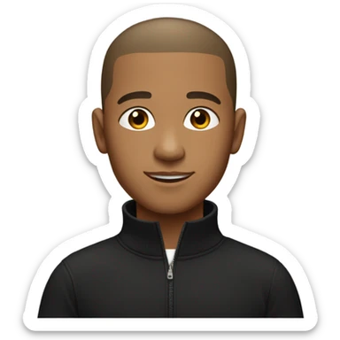 boy with light brown skin, buzz cut, no facial hair, wearing a smart black quarter zip jumper with white t shirt underneath. sticker