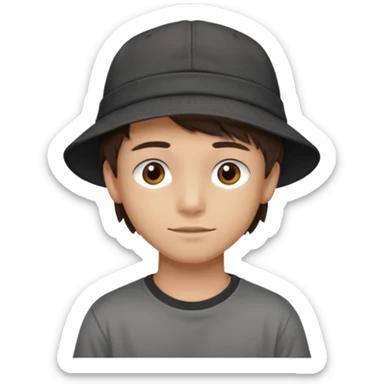 Create a teen boy wearing a faded black T-shirt. He will have brunette hair, tan skin, and dark brown eyes. He is wearing a gray hat turned backwards. sticker