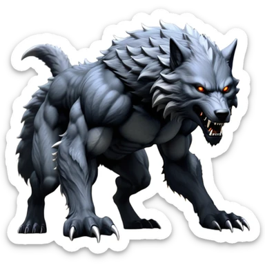 cinematic-noble-fierce-werewolf-full body on all fours-emoji, poised-and-imposing, with a tall, lean, and muscular wolfish frame inspired by the brutal, imposing shape of the beast from Berserk, fur rippling in shades of midnight black and silver, massive paws with razor-sharp claws, elongated limbs and fangs, eyes glowing with an intense, primal ferocity, reflecting the untamed power of the wild moonlit night; rendered with realism like a wolf hunched over battle ready pose ready to attack sticker