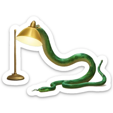 A snake on a desk. The snakes head should be replaced with a lamp. The snakes tail should be connected to a battery sticker