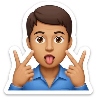 Man making v shape with fingers to mouth and tongue sticking out of mouth sticker