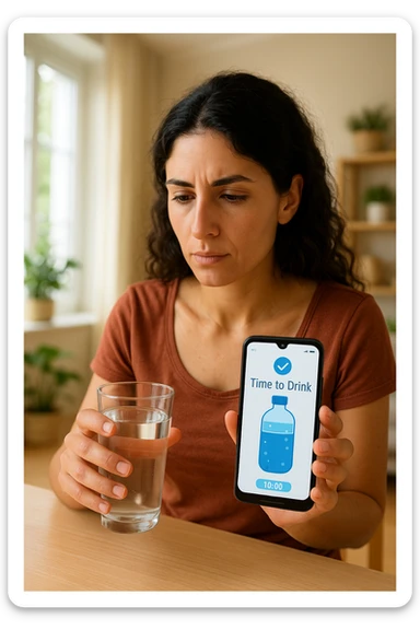 Donna che usa App per ricordarsi di bere, altrimenti non beve mai testo in italiano sticker