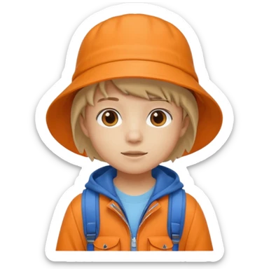 A little student with beige bucket hat, orange jacket, blue backpack sticker