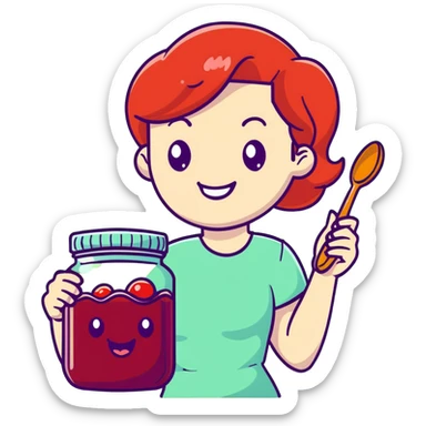 redhead woman with big smile holding a glass jar with jam in one hand and a little spoon with jam in other hand sticker