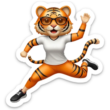 female energetic anthropomorphised tiger in sports clothes, wearing dark sunglasses, jumping with excitement, arms raised sticker