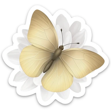 A beautiful light beige butterfly sits on a white peony sticker