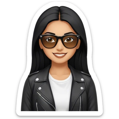 beautiful fit woman, with long straight black hair, with make up, black eye liner, smile mooth close, mexican, brown skin, wearing white tee, wearing leather black jacket, solar black wayfarer rayban sticker