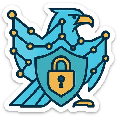 sleek abstract eagle formed from digital lines and nodes, symbolizing national digital security agency Pinsafe, subtle shield and padlock shapes, conveying high-tech protection and authority sticker