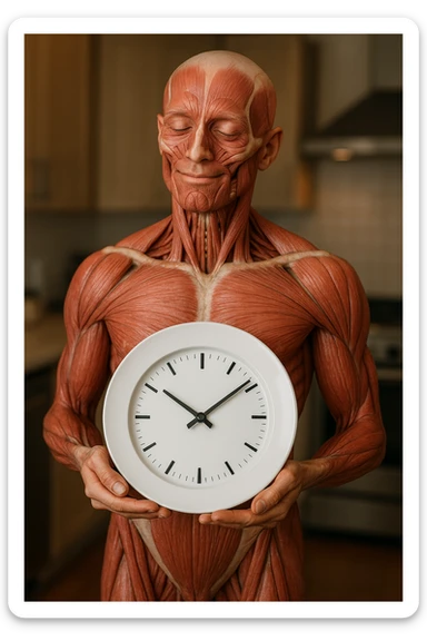 corpo umano anatomico, che tiene in mano un piatto bianco con la lancette di un orologio sopra, figura visibile fino ai fianchi, espressione del volto soddisfatta, sullo sfondo la sua cucina sfocata, iperrealistico 4k sticker