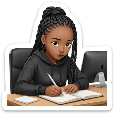  A dark-skinned Black woman with long black box braids, sitting at a desk, writing in a notebook, wearing a hoodie, looking focused. sticker