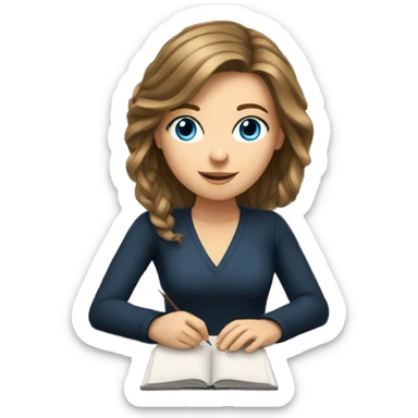 white girl studying at a desk, brown hair, blue eyes sticker