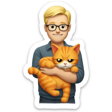 Orange cat being held by blonde man in glasses sticker