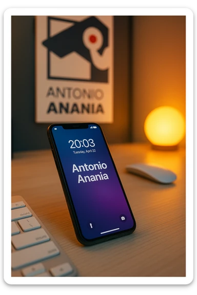 A photo of an iPhone on the desk with the message "Antonio Anania" on its screen, The phone sits atop a desk with a blurred background that suggests work environment. A faint glow from above casts gentle shadows across the surface of each object, creating depth and highlighting their textures sticker