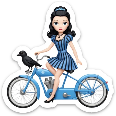 1920s coal hair Silkstone Marie Antoinette Barbie Wednesday Addams from academy in a blue and black vertically-striped classic dress. riding hot rod bikes with crows sticker