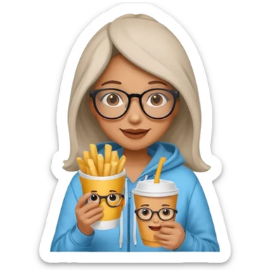 Woman with Glasses & Fries – cheerful woman in hoodie, holding paper cup of fries.





































 sticker
