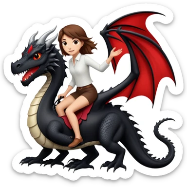 Me, a white female with brown hair, riding a black dragon with a tiny bit of red that has two legs to your work sticker